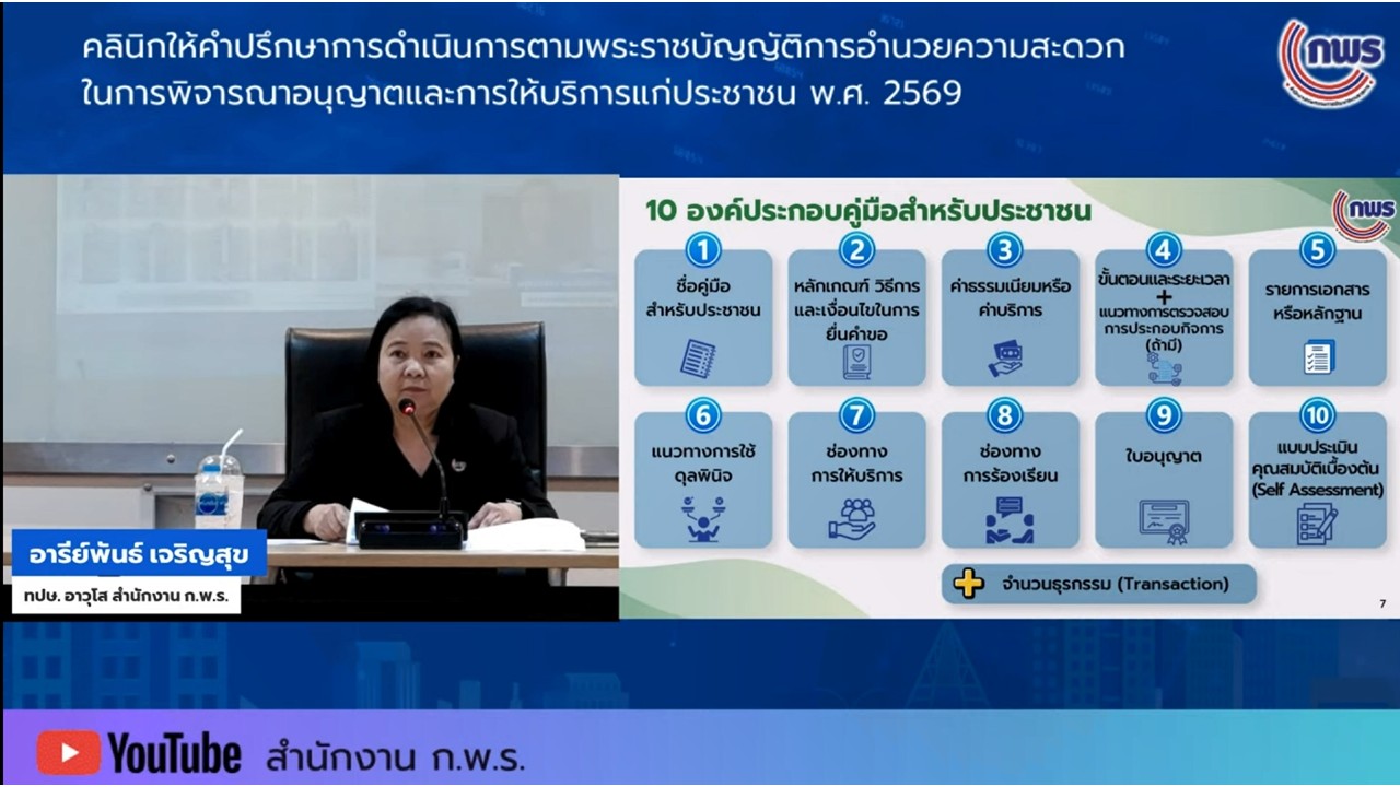 title - เข้าร่วมรับฟังในกิจกรรมคลินิกให้คำปรึกษา ในเรื่องเกี่ยวกับพระราชบัญญัติการอำนวยความสะดวกในการพิจารณาอนุญาตและการให้บริการแก่ประชาชน พ.ศ.&nbsp;2569 ครั้งที่&nbsp;5 ผ่านสื่ออิเล็กทรอนิกส์ (ผ่านระบบออนไลน์&nbsp;YouTube Live สำนักงาน ก.พ.ร.) 